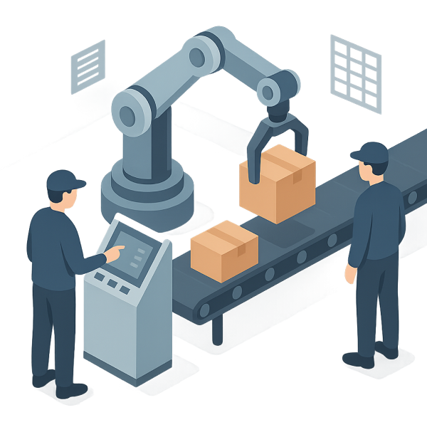 An illustration of a modern factory room with two workers interacting with a robotic arm gripping a cardboard box passing a conveyor belt. One worker operates a touchscreen control panel, while the other monitors the conveyor flow.